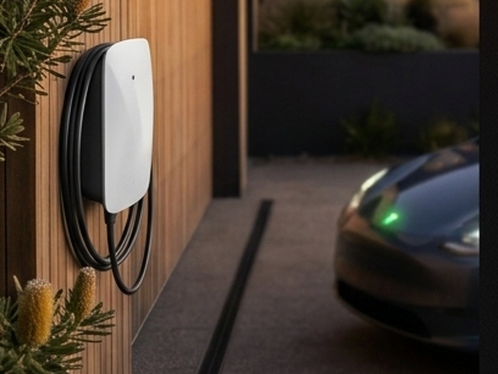 Home EV charger mounted on a Northern Beaches home wall, charging an electric car in the driveway